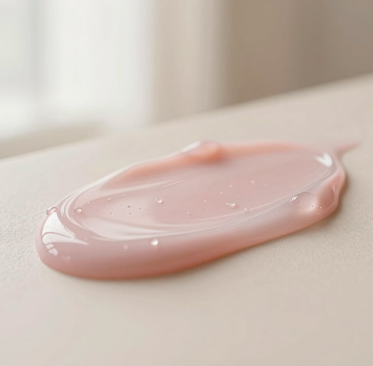 Macro shot of clean gel texture with tiny water droplets, soft diffused pink and cream light, elegant minimalist aesthetic, shallow depth of field