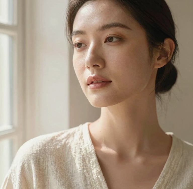 Elegant close-up portrait of a female founder with glowing healthy skin, neutral soft makeup, wearing a cream linen top, warm natural morning window light, soft focus, minimal aesthetic, 35mm