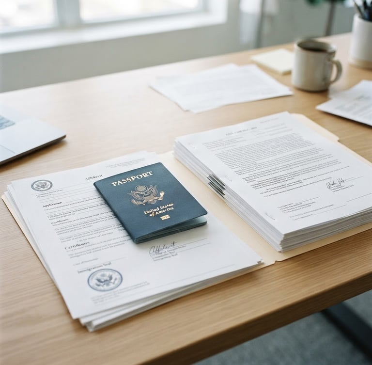 Close-up of a neatly organized civil folder with a US passport and legal texts on a clean desktop, bright neutral office daylight, sharp focus, professional corporate tones, 35mm