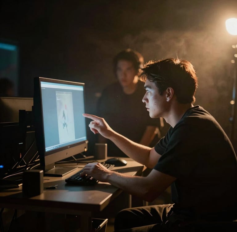 A director collaborating over a glowing monitor on a dark cinematic set, practical amber lighting, smoky atmosphere, 35mm film look