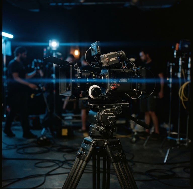 On-set cinema camera rig on a heavy tripod, dramatic low-key lighting with moody blue practical lights, anamorphic lens flare, 35mm film photography