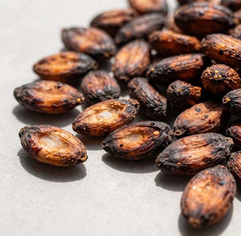 A high-contrast macro shot of raw Nigerian cocoa beans being graded on a clean surface under bright natural sunlight, showcasing texture and premium quality.