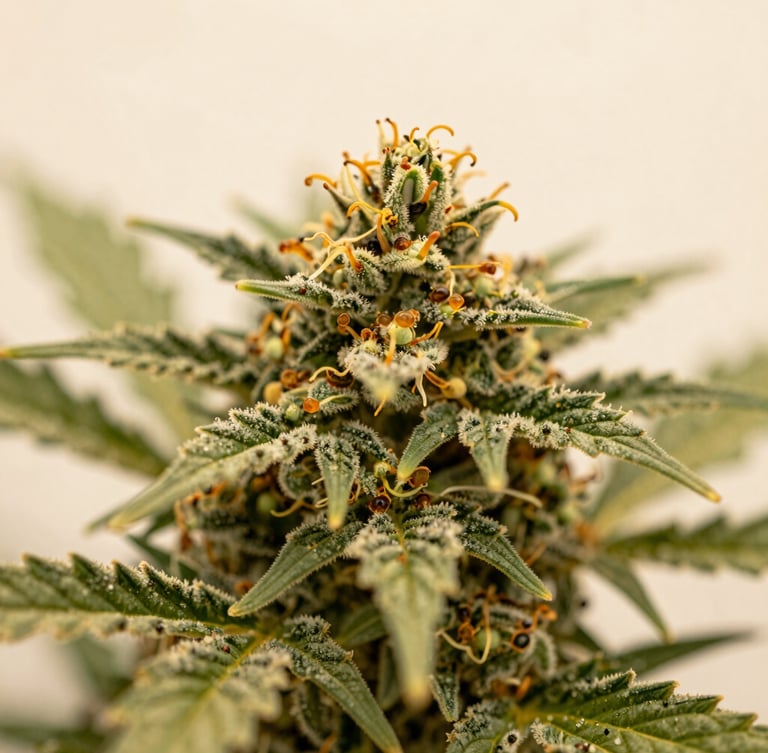 Macro editorial photography of pristine cannabis flower showing rich trichomes and amber pistils, soft natural morning light, shallow depth of field, warm cream background