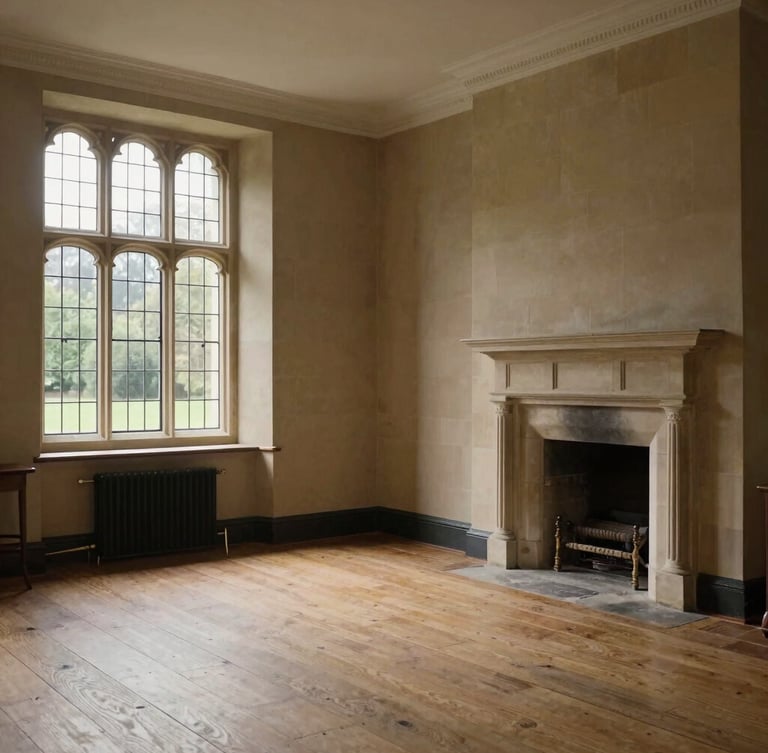 Soft natural West Country daylight illuminating a clean, swept Georgian room in Bath, empty wooden floors, stone fireplace, elegant high windows with historic glass.
