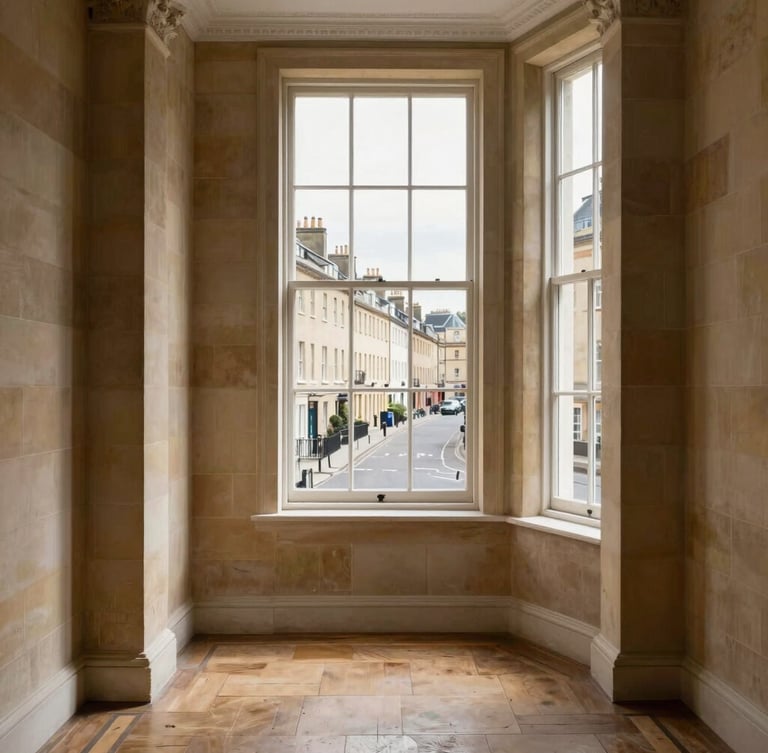 Soft natural daylight illuminating a clean, empty room of a historic Bath stone terrace, looking out a tall sash window onto quiet streets, elegant and peaceful.