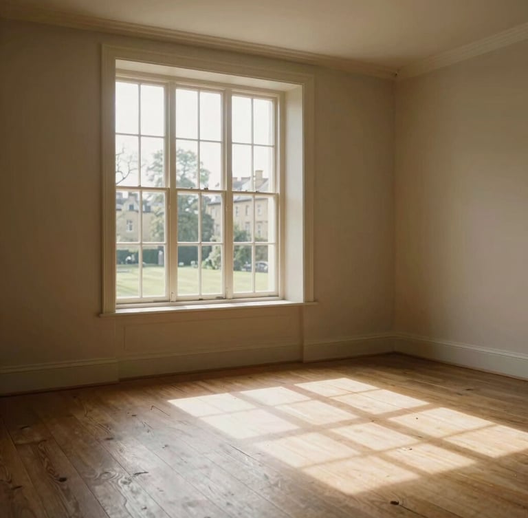 Wide environmental shot of a clean, sunlit Georgian interior in Bath, empty and peaceful, with soft West Country daylight streaming through a tall sash window onto clean wooden floorboards, generous negative space.