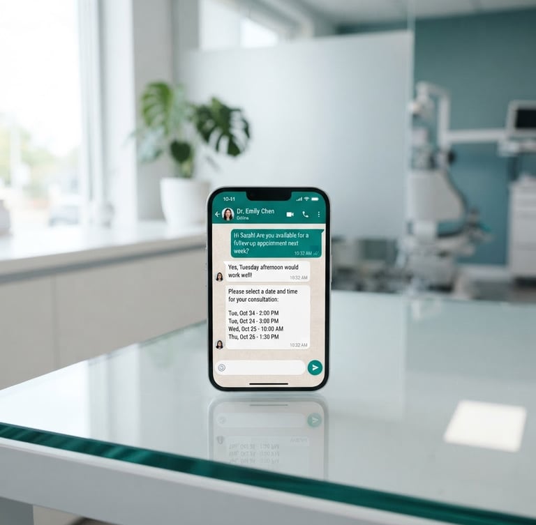 Smartphone mockup on a clean glass desk, displaying a crisp WhatsApp scheduling interface with teal accents, bright clinical daylight, minimalist medical office background, 35mm