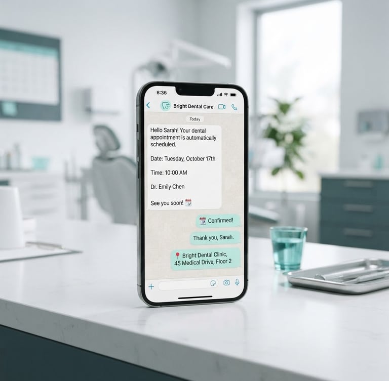 A smartphone showing a dental appointment confirmation message in a modern dental office setting.