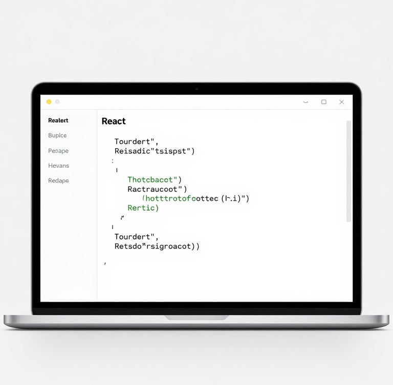 Front-on high-fidelity desktop mockup of a clean, distraction-free code reader interface showing a syntax-highlighted React component on a crisp light grey screen, bright studio light.