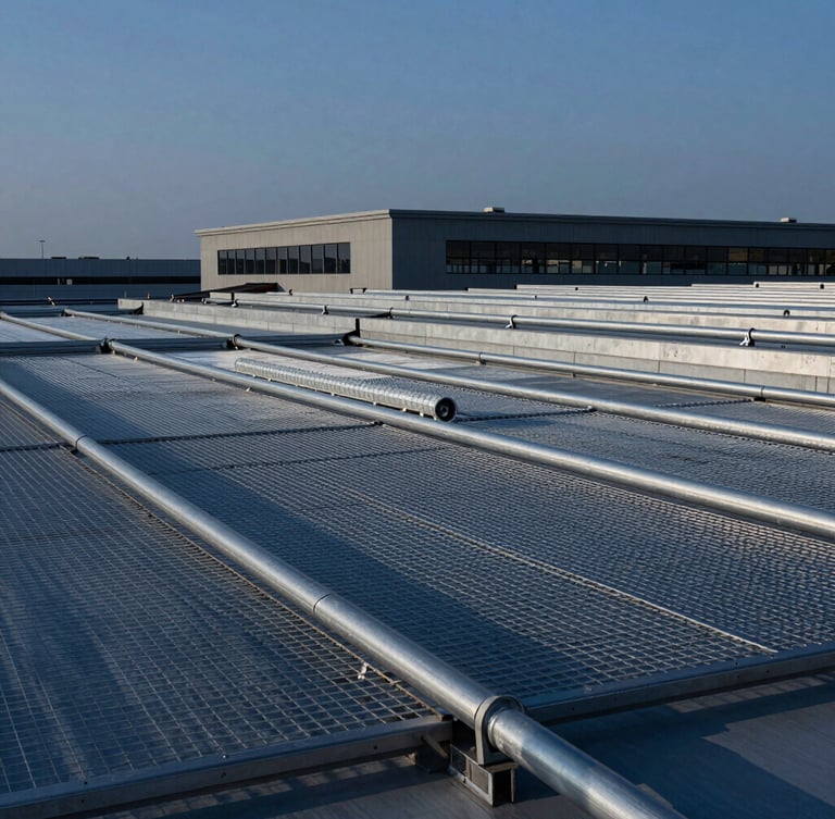 Sharp high-contrast architectural shot of a modern industrial building roof, highlighting clean aluminum lightning protection mesh and down conductors against a clear twilight sky.