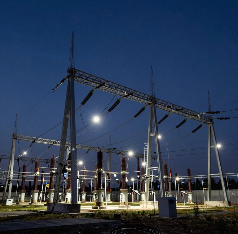 Wide environmental shot of a complex high-voltage electrical substation at twilight, sharp technical lines, dramatic industrial lighting, high-contrast engineering schematic details.