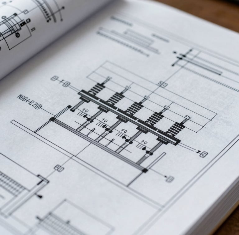 Extreme close-up of a technical electrical engineering blueprint, sharp vector lines, CAD schematic details of a substation layout, technical blueprint aesthetic.