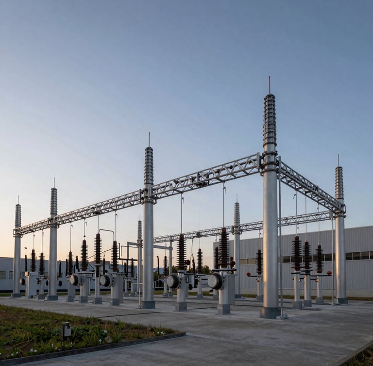 Sharp architectural wide shot of a modern industrial substation under dramatic twilight, clean technical lines, high-contrast lighting.