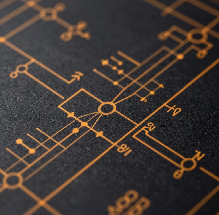Extreme close-up of a technical electrical blueprint schematic, sharp amber lines on a dark background, precise engineering calculations visible