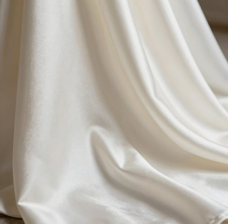 Macro studio photograph of heavy ivory bridal satin draped in elegant geometric folds, soft side-lighting highlighting the subtle sheen and luxurious weight of the weave.