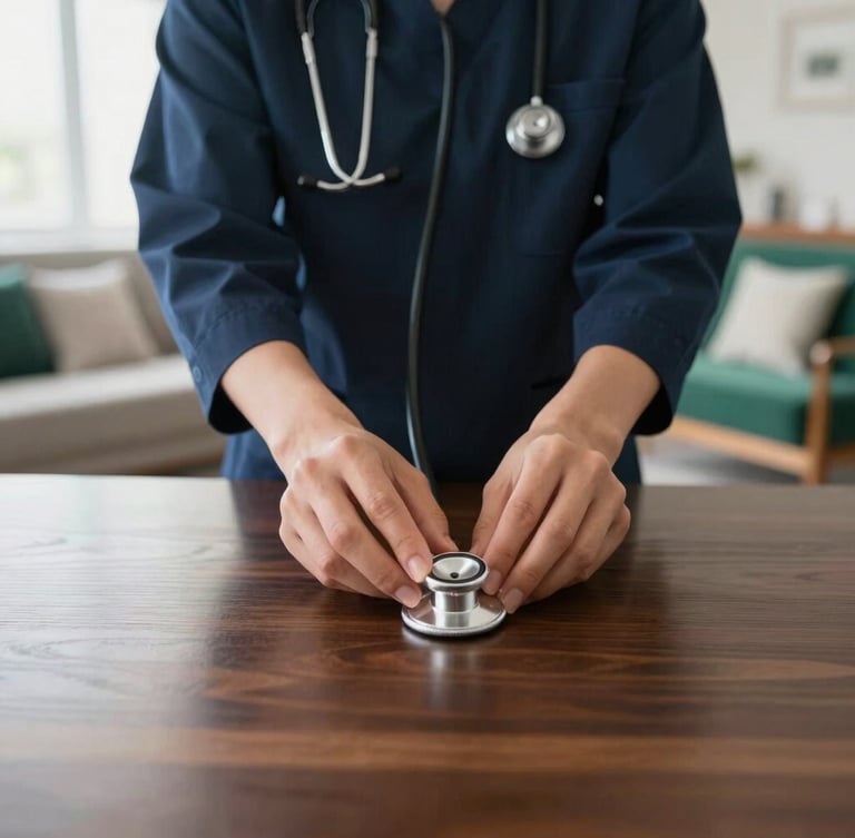 Hands of a clinical specialist placing a warm, clean stethoscope onto a dark wood table in a beautifully lit, luxurious modern living room, soft morning light, 35mm