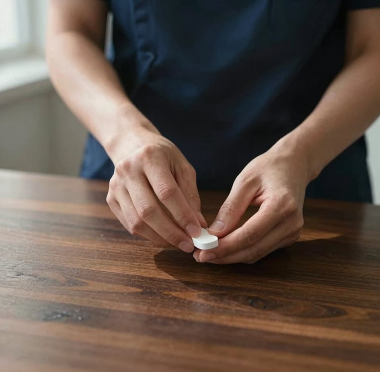 A close-up of a nurse's hands gently preparing a clinical tablet on a polished dark wood table, soft natural morning light, warm editorial style.