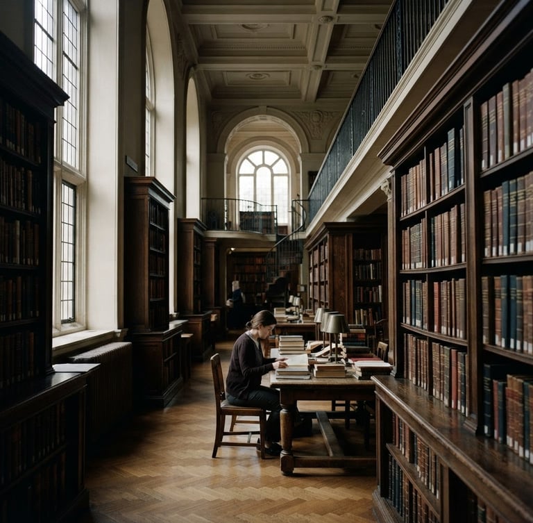 A quiet, high-contrast interior of a classical research library with dark wood bookshelves, soft natural window light, and deep depth of field, editorial documentary photography style.