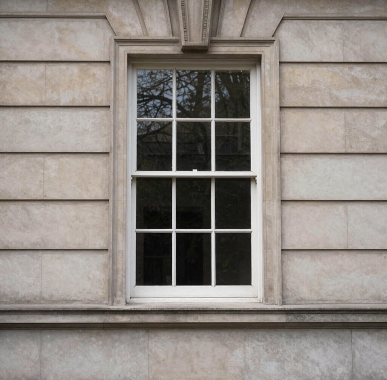 An elegant, close-up architectural detail of a classical stone university archive window, soft natural overcast daylight, muted academic tones, deep depth of field, 35mm lens