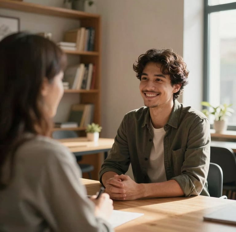 Candid medium-shot of a friendly interview in a cozy, Scandinavian-inspired office with warm wood tones and soft natural light streaming through a window.