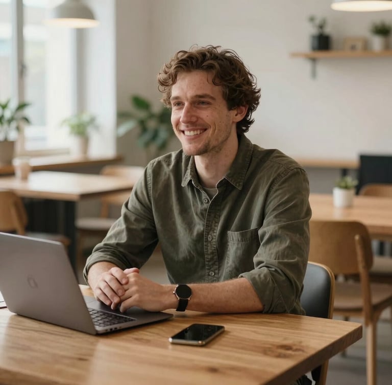 Warm candid medium shot of a candidate sitting in a cozy Scandinavian-inspired workspace with natural wood tables and soft daylight, smiling genuinely during an interview.