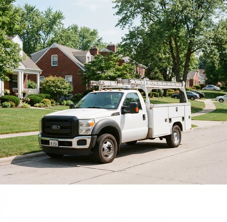 A clean service truck parked on a sunlit residential street in Normal, Illinois, sharp commercial photography, high contrast, 35mm