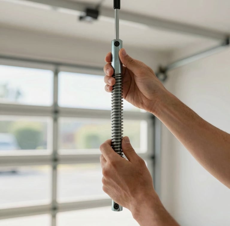 Close-up of hands adjusting a heavy-duty steel torsion spring on a garage door, bright natural daylight, clean garage interior, 35mm