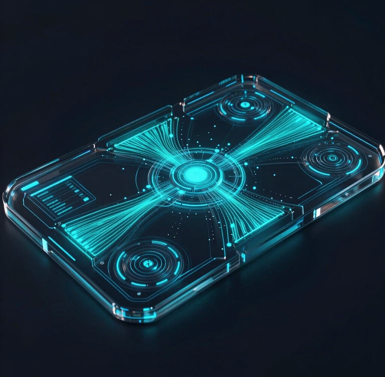 Futuristic 3D render of a dark glassmorphic dashboard interface, neon cyan data flows, electric blue glowing nodes, isometric view, octane render, clean composition