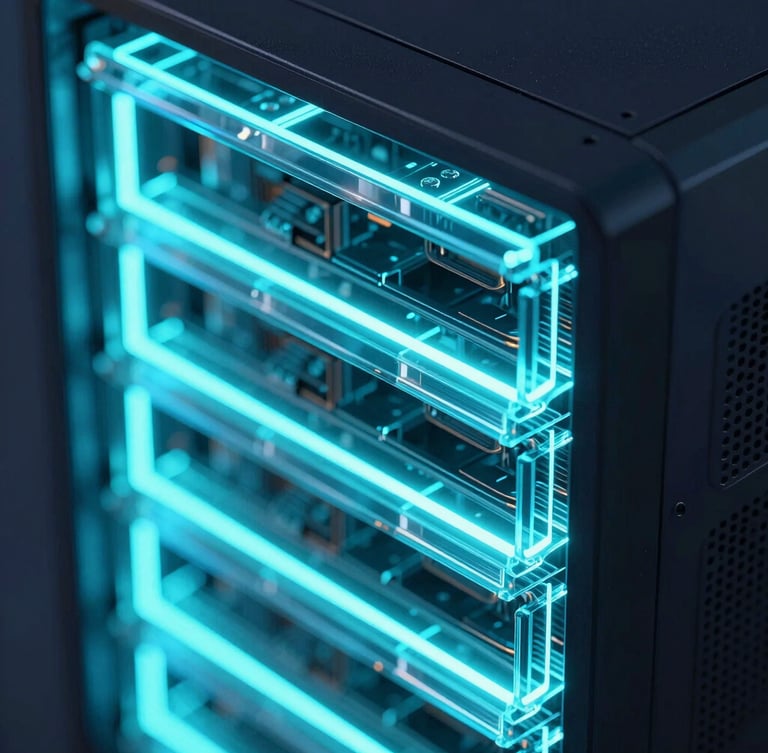 Macro detail of server hardware glowing with neon cyan light, ultra-detailed glassmorphism, cinematic