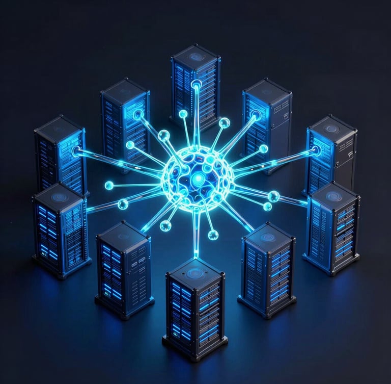 isometric 3D render of glowing neural network nodes and server racks, dark obsidian background, electric blue and neon cyan light paths, ultra-detailed glassmorphism, octane render