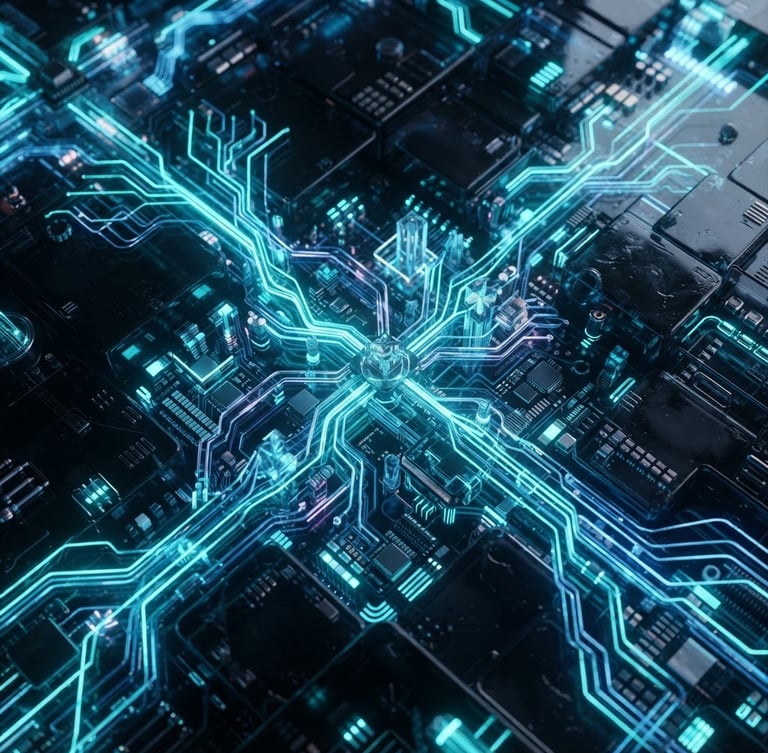 Macro close-up of high-fidelity server hardware nodes, glowing neon cyan neural pathways cutting through dark obsidian glass, cinematic octane render, 3D render