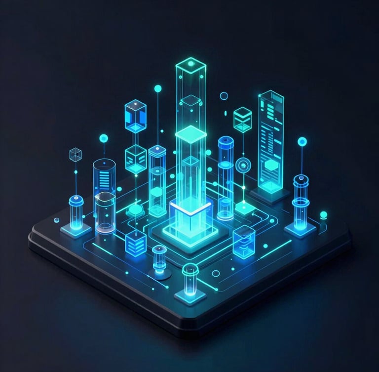 Isometric view of a sleek dark-themed database monitoring interface, glowing neon cyan and electric blue nodes, ultra-detailed glassmorphism, octane render.