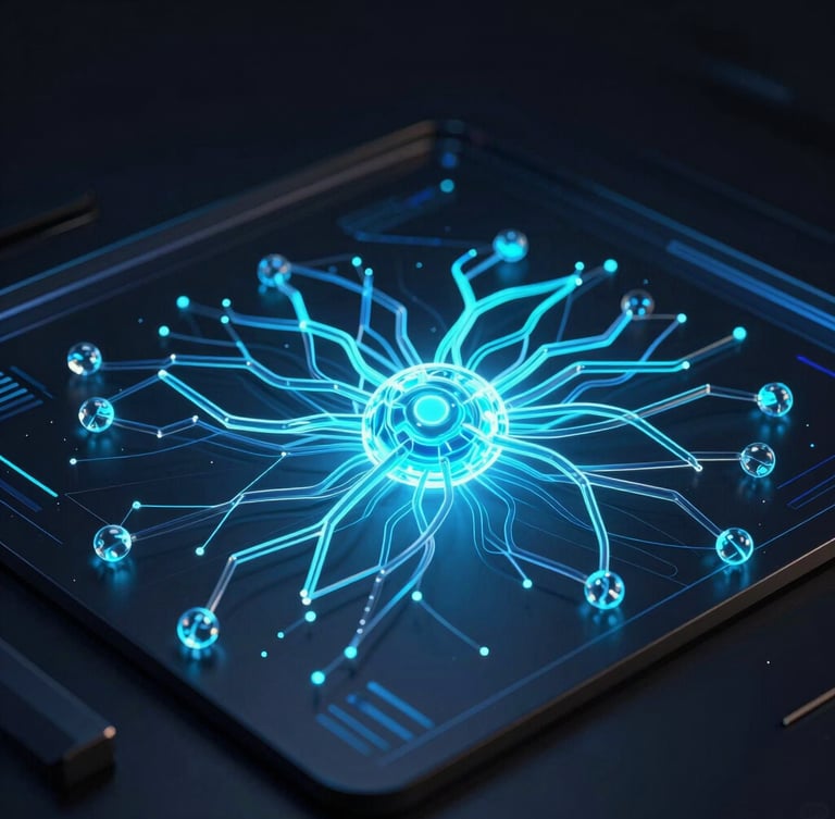 Futuristic 3D render of a sleek dark-themed software dashboard UI mockup with glowing neural pathways, high-contrast cinematic lighting with neon cyan and deep blue emissive glows, ultra-detailed glassmorphism, octane render