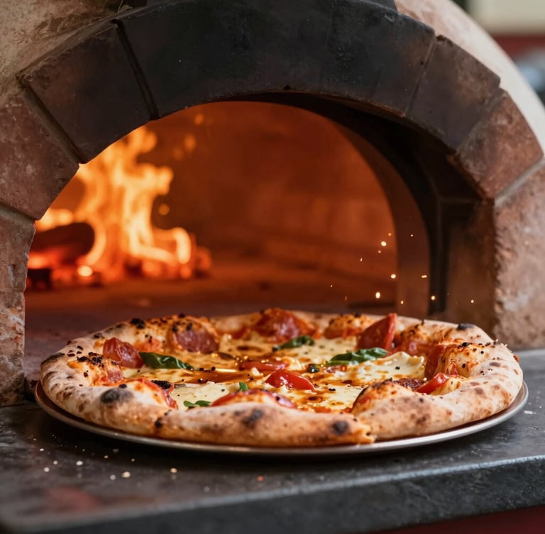 A close-up macro shot of a wood-fired pizza sliding out of a glowing brick oven, sparks flying, rich saturated colors, warm editorial tone, 35mm.