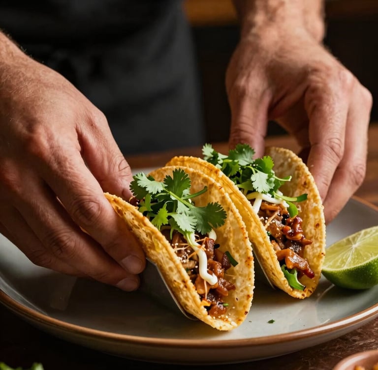 Macro close-up of a chef's hands carefully plating gourmet street tacos with fresh cilantro and lime, dramatic side lighting, shallow depth of field, warm rich tones.