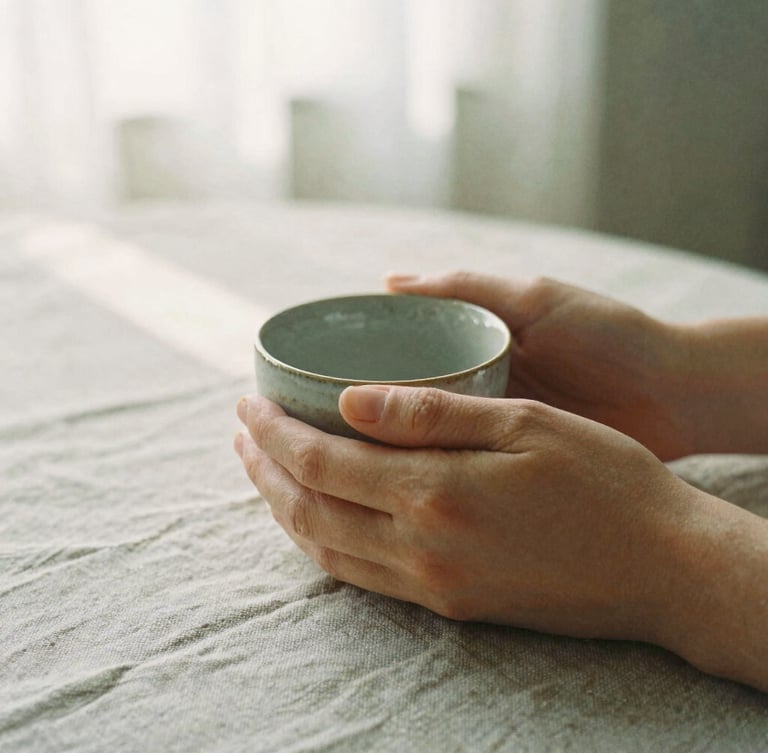 Close-up of hands holding a warm ceramic cup on a textured linen tablecloth, soft morning sunlight filtering through a window, muted earth tones, 35mm film style