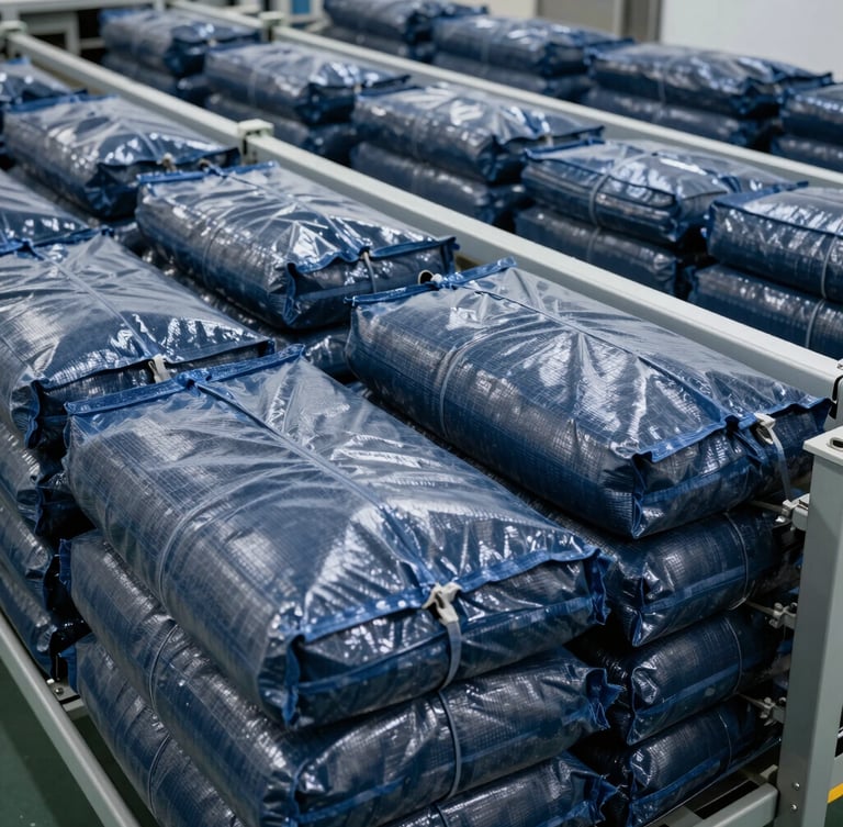 Close-up portrait of automated packaging lines sealing high-strength woven polypropylene bulk bags of activated carbon in a clean industrial warehouse, cool daylight