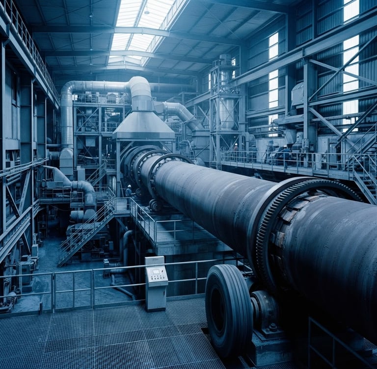 Wide-angle industrial rotary kiln inside an activated carbon manufacturing facility, cool crisp daylight, sharp focus, technical blue tones.