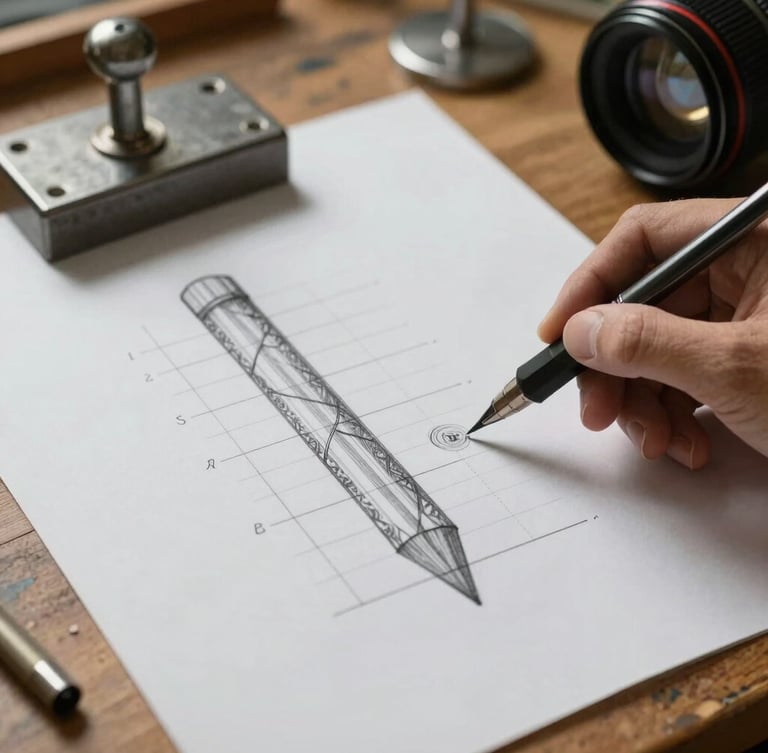 Close-up of pattern paper with technical pencil markings, grading lines, and heavy metal pattern weights on a worn oak drafting table.