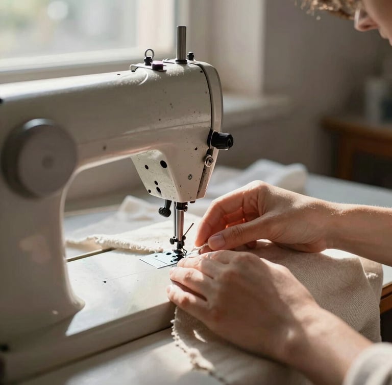 Close-up of a seamstress's hands guiding raw linen fabric through a vintage sewing machine, warm sunlight streaming through a workshop window, soft shadows.