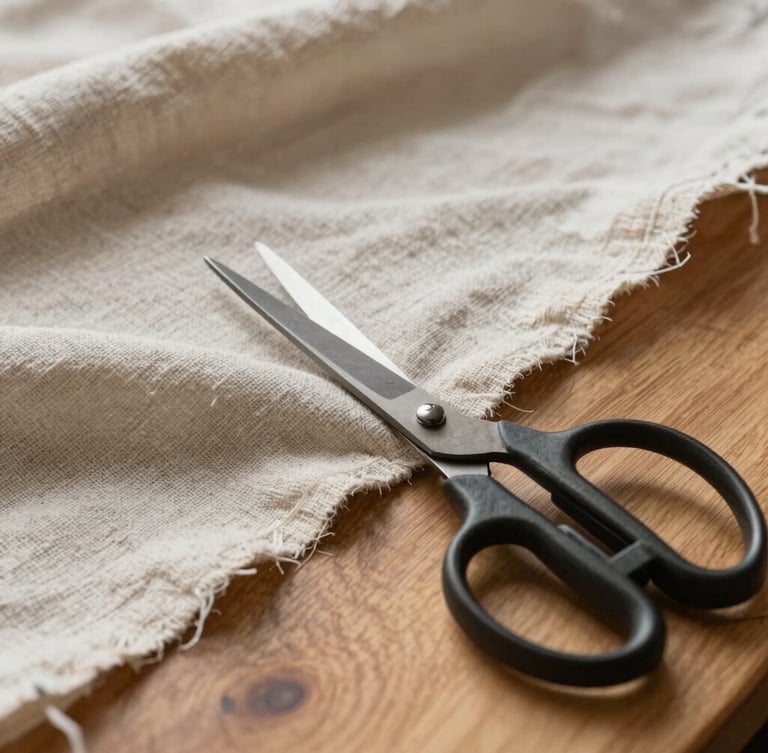 Tight macro shot of heavy linen fabric being precisely cut with steel shears on a solid oak drafting table, soft afternoon light.