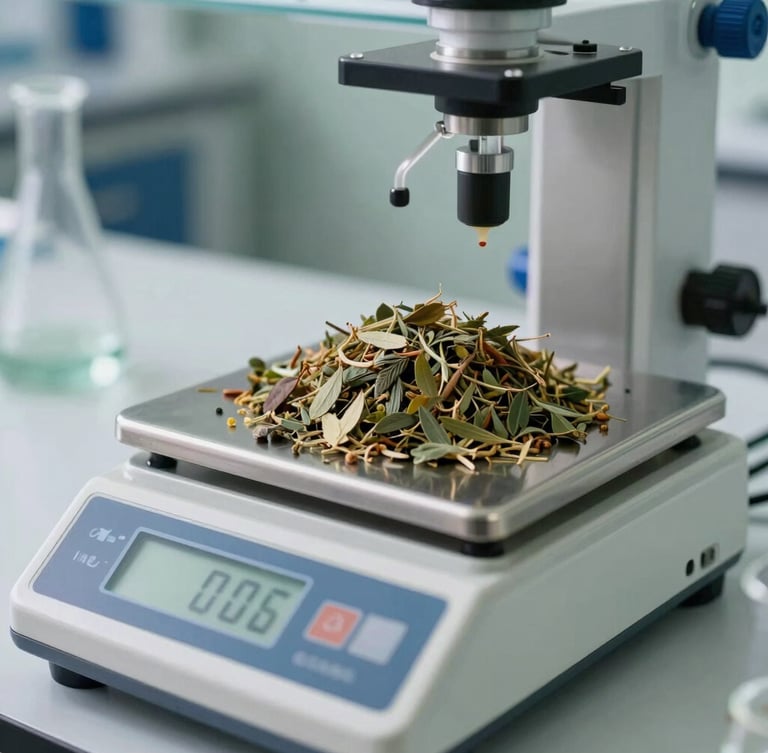 Close-up of a high-precision digital scale in a modern chemical laboratory, measuring raw plant-based feedstocks, soft natural daylight, sharp focus.
