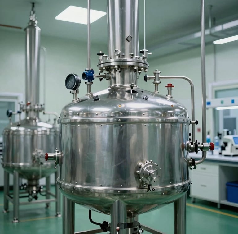 Portrait view of modern industrial chemical scale-up equipment, stainless steel bioreactors with clean piping, cool crisp laboratory lighting, sharp focus, 35mm lens