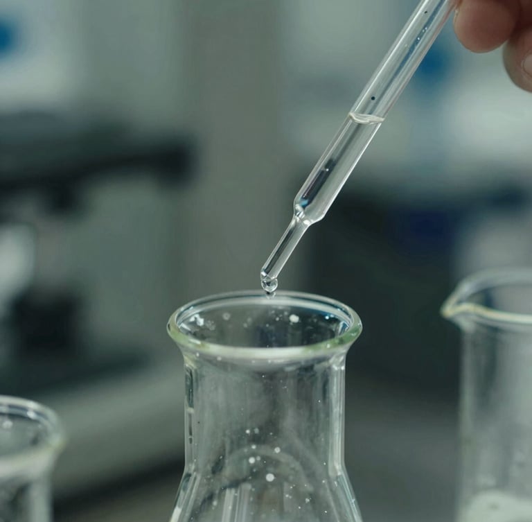 Macro close-up of a clear high-purity chemical liquid being precisely pipetted into a laboratory flask, crisp cool lighting, technical depth of field.