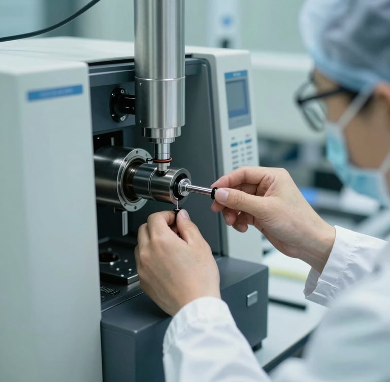 Close-up of a scientist in cleanroom attire adjusting a gas chromatography mass spectrometer, sharp focus, cool crisp laboratory lighting, stainless steel accents