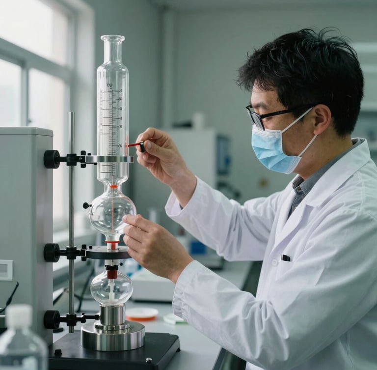 A professional laboratory technician in cleanroom attire adjusting a glass scale-up distillation column, soft natural light, technical grid aesthetic