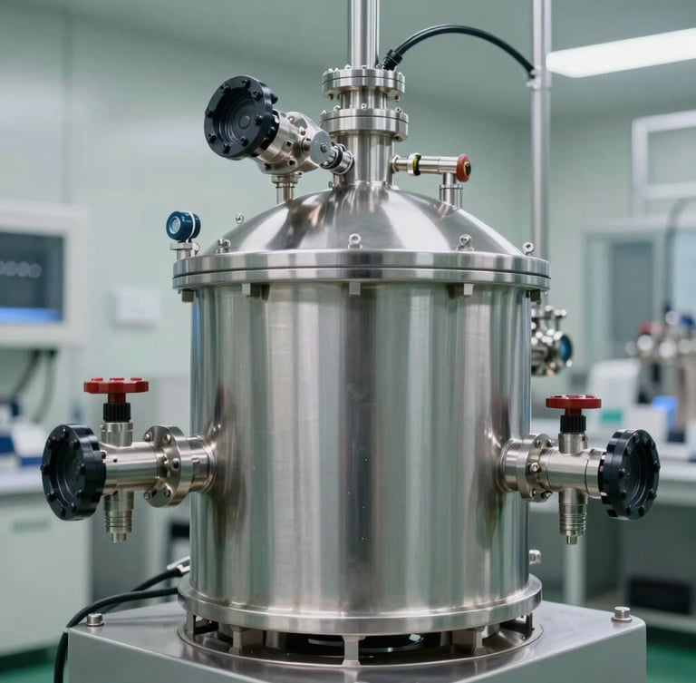 Modern stainless steel bioreactor setup in a cleanroom facility, cool technical lighting, sharp focus on engineering valves