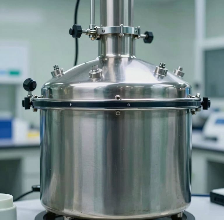 Close-up of a modern stainless steel bioreactor in a cleanroom laboratory, cool crisp lighting, sharp focus, 35mm lens