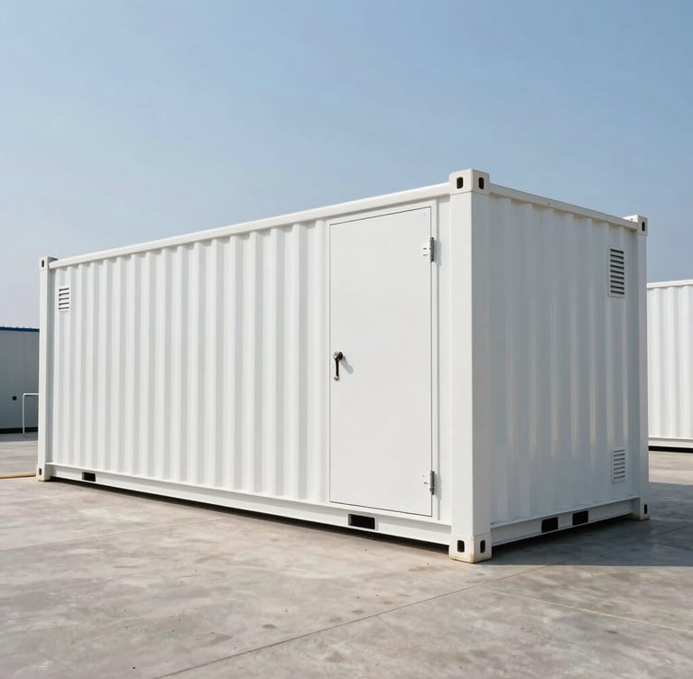 Wide shot of a containerized industrial battery energy storage system, white metal container, clean concrete pad, bright daylight