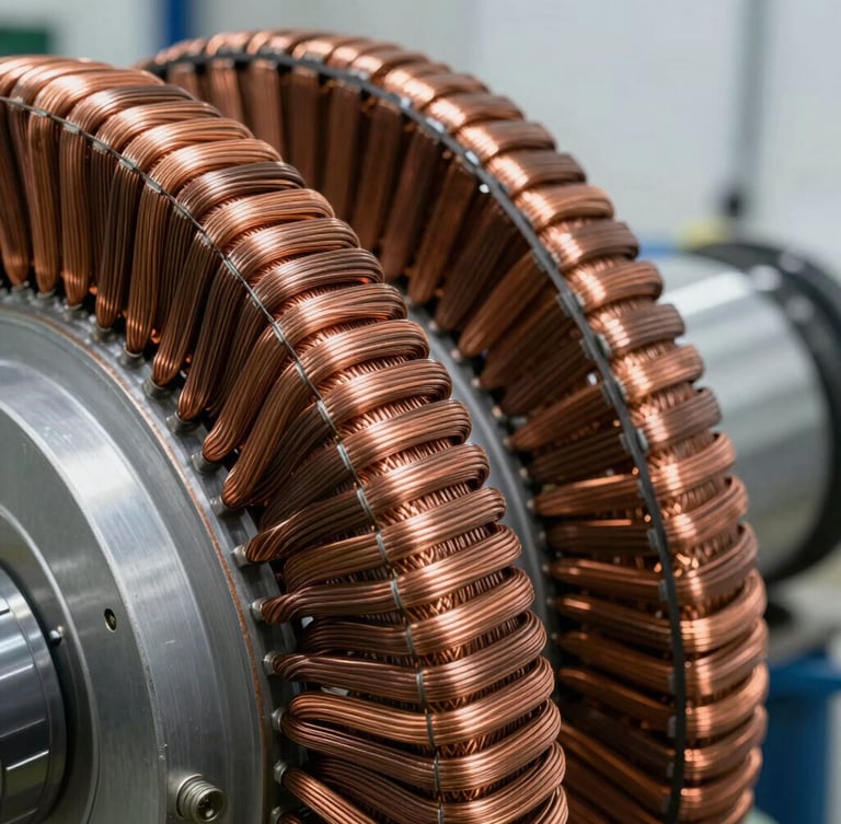 Macro close-up of heavy copper generator windings inside a wind turbine stator, bright industrial clean-room lighting highlighting the precise copper wire paths